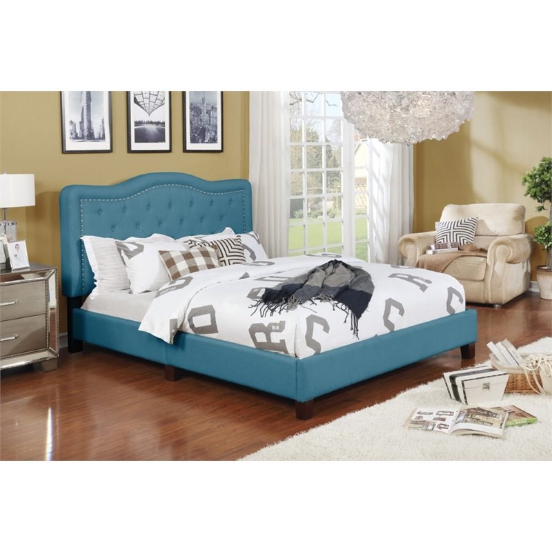 Nathaniel Home Angelina Fabric Upholstered Nailhead Trim Queen Panel Bed in Blue