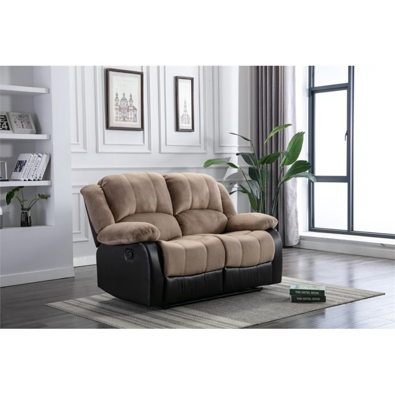 Nathaniel Home Aiden Fabric Faux Leather Upholstered Reclining Loveseat in Beige