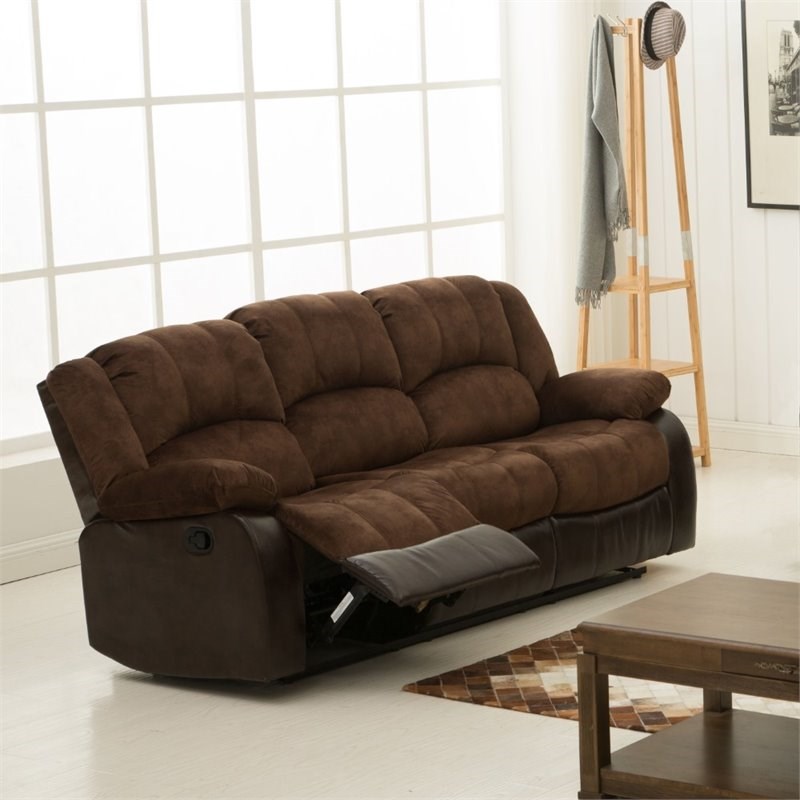 Nathaniel Home Aiden Fabric Faux Leather Upholstered Reclining Sofa in Brown