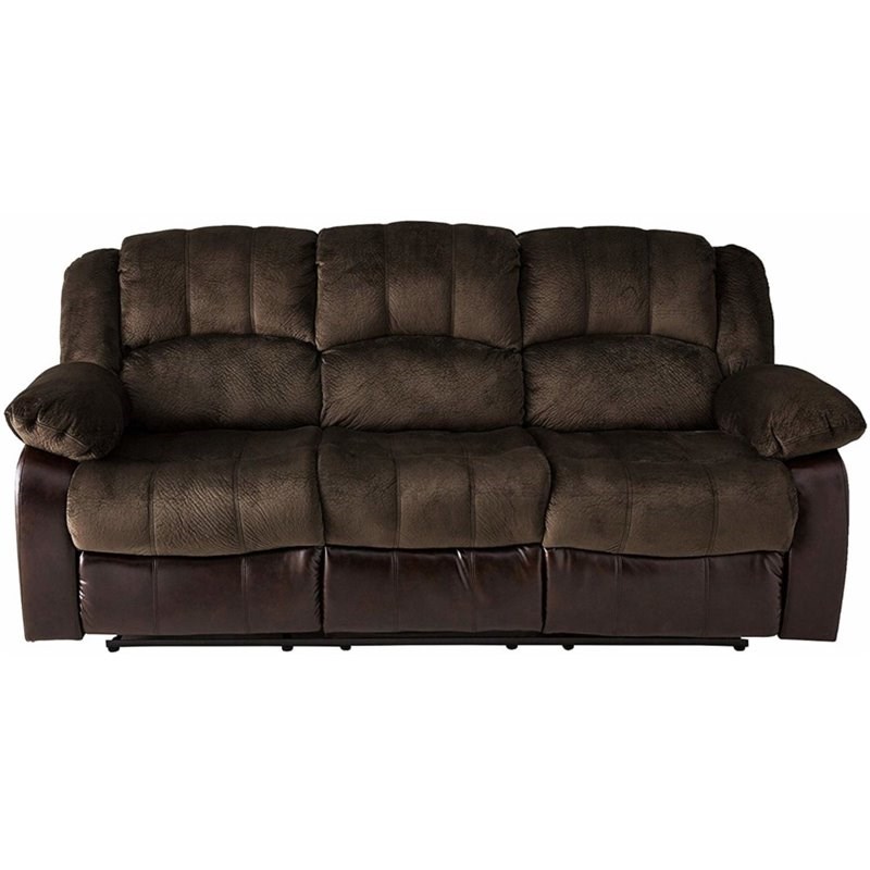 Nathaniel Home Aiden Fabric Faux Leather Upholstered Reclining Sofa in Brown