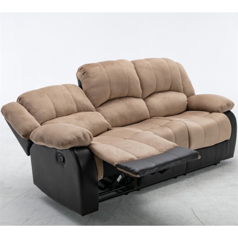 Nathaniel Home Aiden Fabric Faux Leather Upholstered Reclining Sofa in Beige