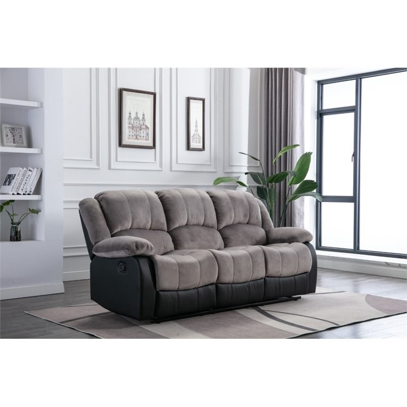 Nathaniel Home Aiden Fabric Faux Leather Upholstered Reclining Sofa in Gray