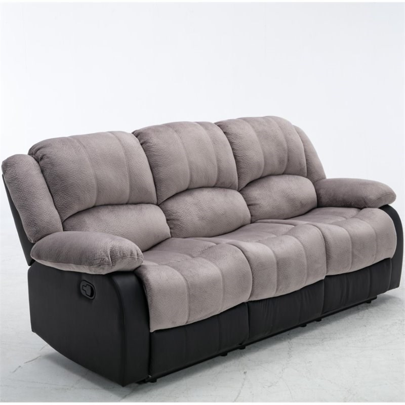 Nathaniel Home Aiden Fabric Faux Leather Upholstered Reclining Sofa in Gray