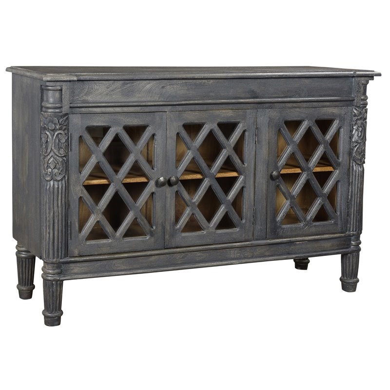 Carmenita Carlyle Solid Wood 3 Door Sideboard with Glass Inserts in Gray