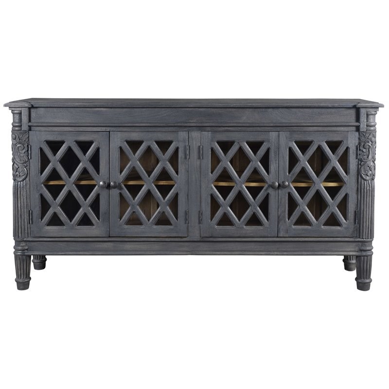 Carmenita Carlyle Solid Wood 4 Door Sideboard with Glass Inserts in Gray