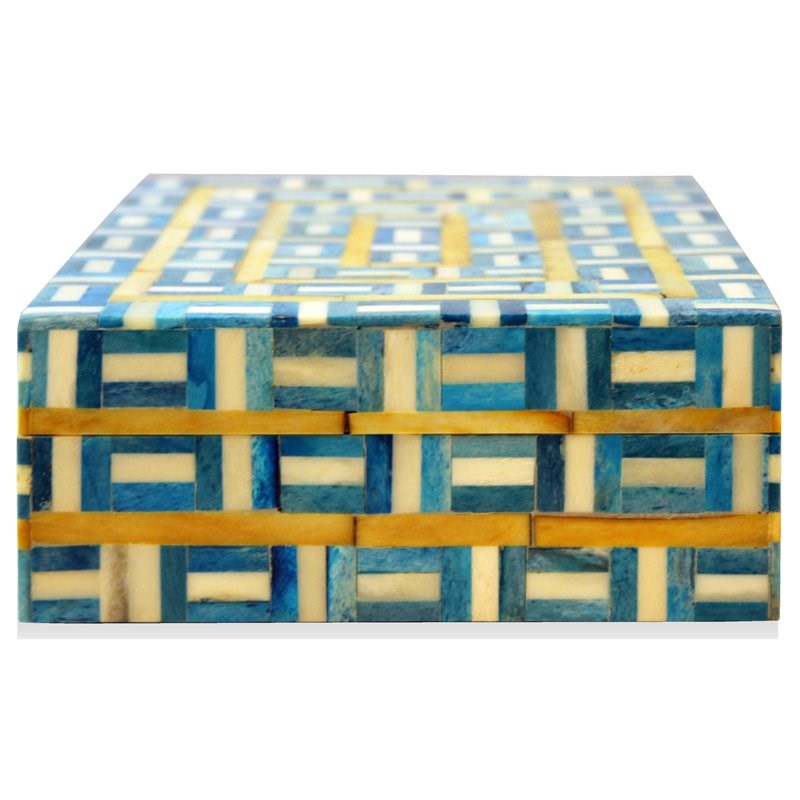 Hymn Mango Solid Wood Grid Box in Blue with Geometric Design