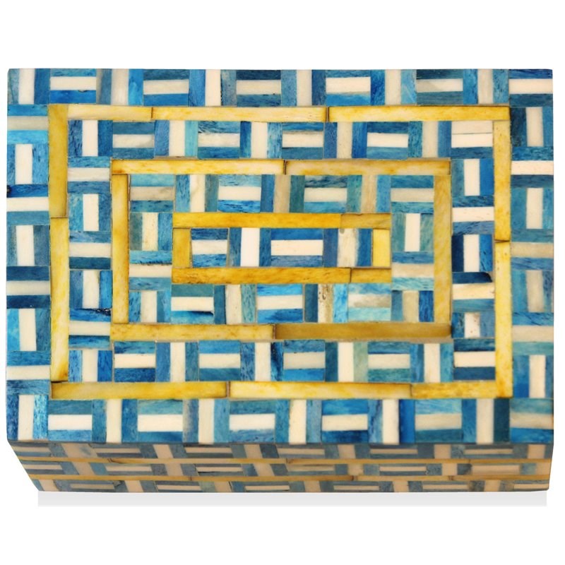Hymn Mango Solid Wood Grid Box in Blue with Geometric Design