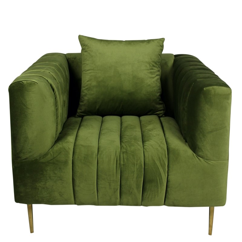 Rutland Lounge Chair with Gold Tone Metal Legs and 1 Toss Pillow in Green Velvet