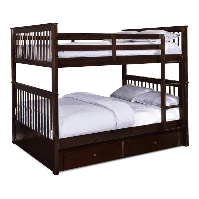 BEKids Solid Wood Full/Full Bunk Bed with Trundle/Storage in Java Brown