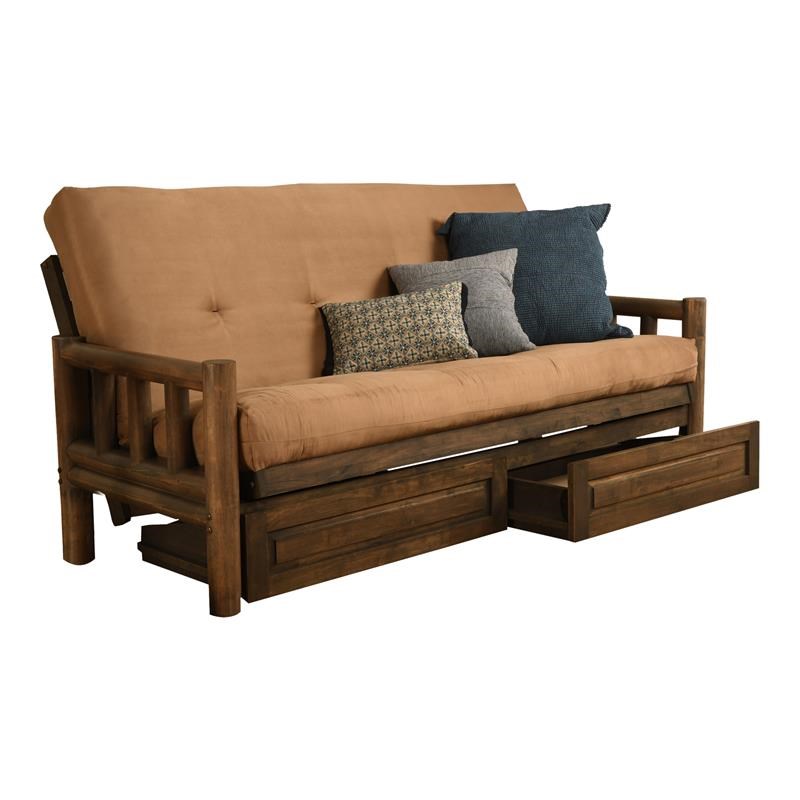 Kodiak Furniture Lodge Futon with Suede Fabric Mattress in Rustic Walnut/Tan