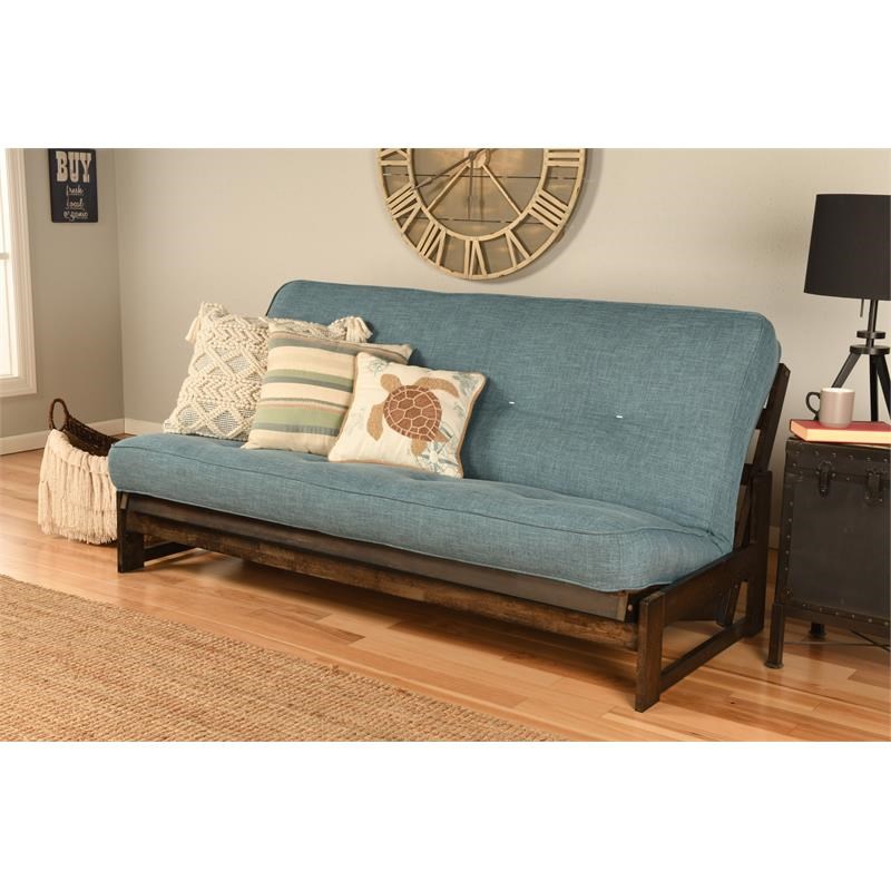 Kodiak Furniture Aspen Futon with Linen Fabric Mattress in Reclaim Mocha/Blue