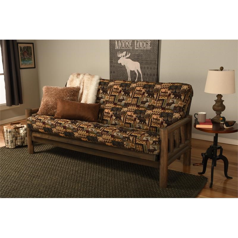 Kodiak Furniture Lodge Rustic Walnut Futon with Multi-Color Fabric Mattress