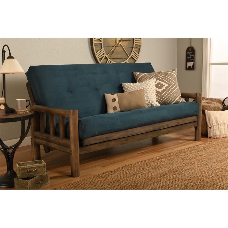 Kodiak Furniture Lodge Futon with Suede Fabric Mattress in Walnut/Blue