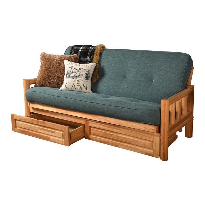 Kodiak Furniture Lodge Storage Futon with Linen Fabric Mattress in Natural/Blue
