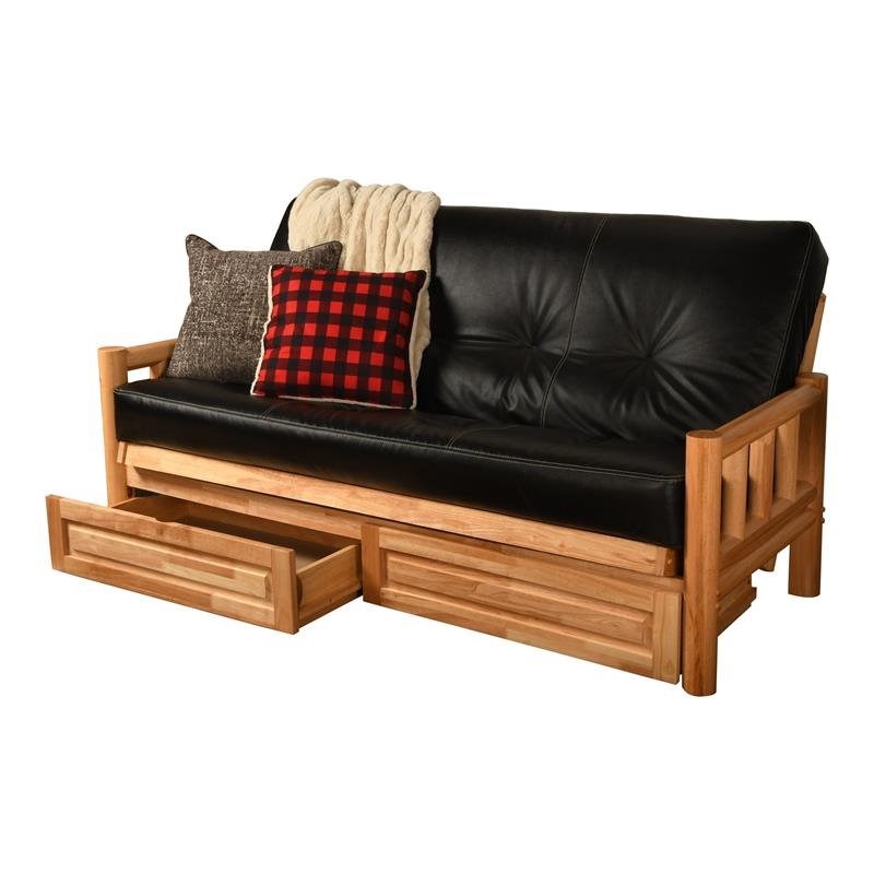 Kodiak Furniture Natural Lodge Storage Futon with Black Faux Leather Mattress