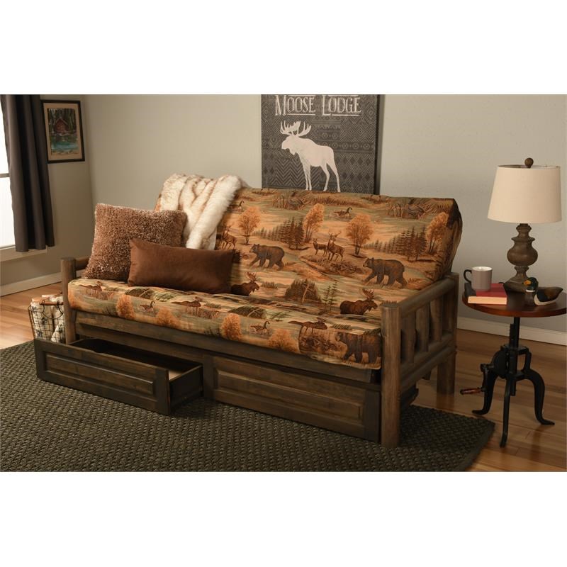 Kodiak Furniture Lodge Futon with Canadian Print Mattress in Rustic Walnut/Tan