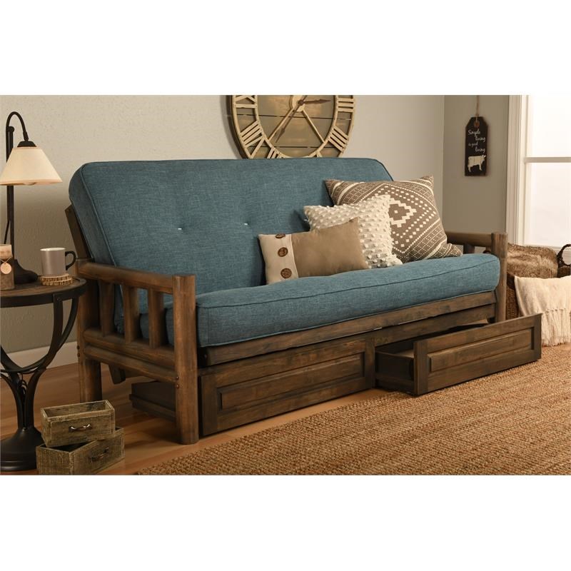 Kodiak Furniture Lodge Frame with Linen Fabric Mattress in Rustic Walnut/Blue