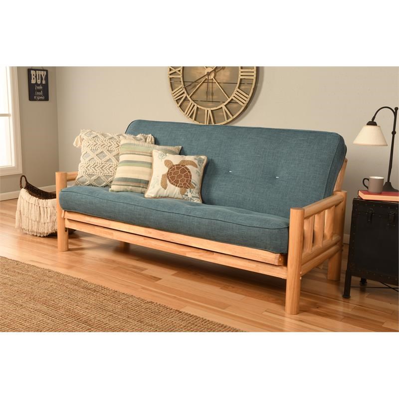 Kodiak Furniture Lodge Futon with Linen Fabric Mattress in Natural/Aqua Blue