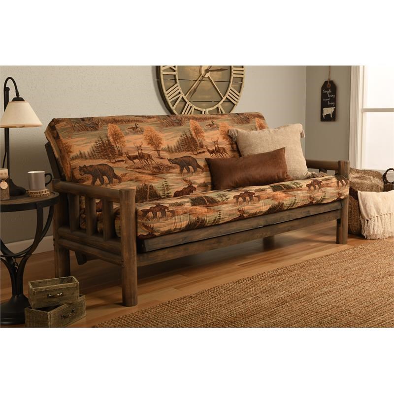 Kodiak Furniture Lodge Futon with Canadian Print Mattress in Tan/Rustic Walnut