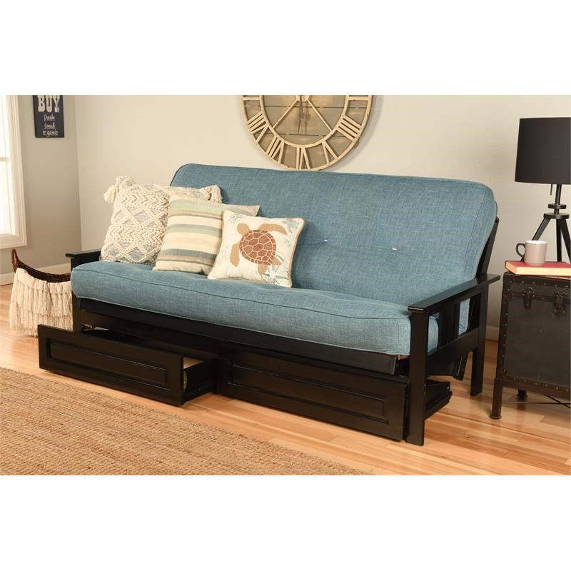 Kodiak Furniture Monterey Futon with Linen Fabric Mattress in Aqua Blue/Black