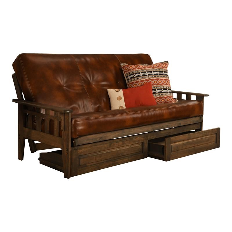 Kodiak Furniture Tucson Rustic Walnut Storage Futon with Saddle Brown Mattress