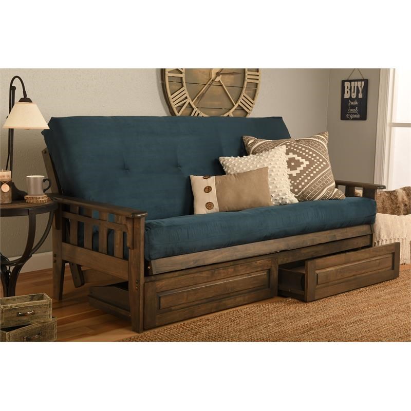 Kodiak Furniture Tuscon Frame with Suede Fabric Mattress in Blue/Rustic Walnut
