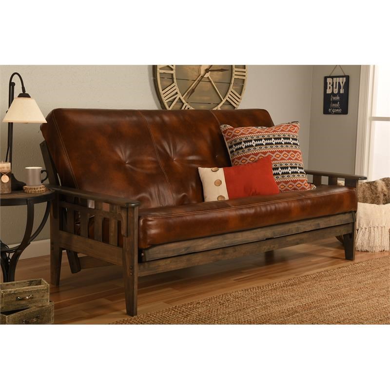 Kodiak Furniture Tucson Rustic Walnut Futon with Brown Faux Leather Mattress