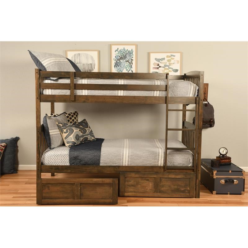 Kodiak Furniture Claire Twin Wood Bunk Bed with Storage Drawers in Walnut Brown