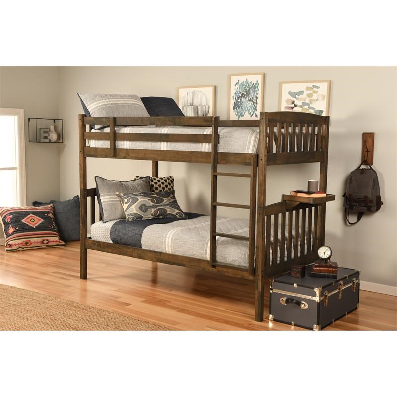 Kodiak Furniture Claire Twin Wood Bunk Bed with Tray in Rustic Walnut Brown