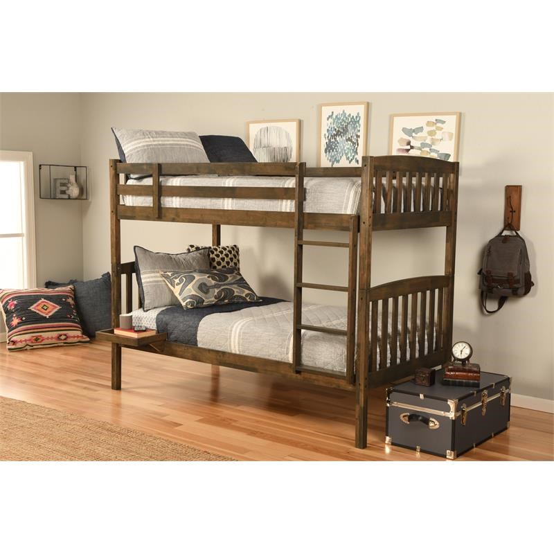 Kodiak Furniture Claire Twin Wood Bunk Bed with Tray in Rustic Walnut Brown