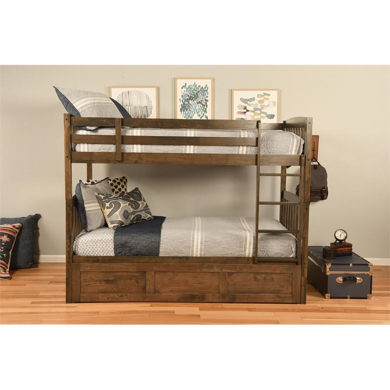 Kodiak Furniture Claire Twin Wood Bunk Bed and Trundle Bed in Walnut Brown