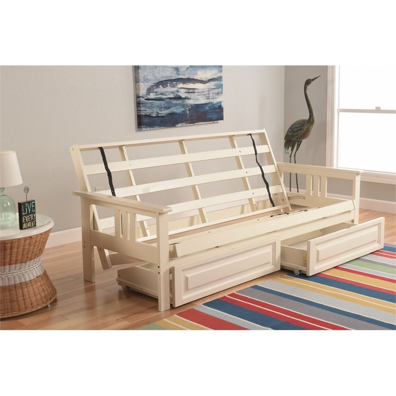 Kodiak Furniture Monterey White Storage Wood Futon with Twill Gray Mattress