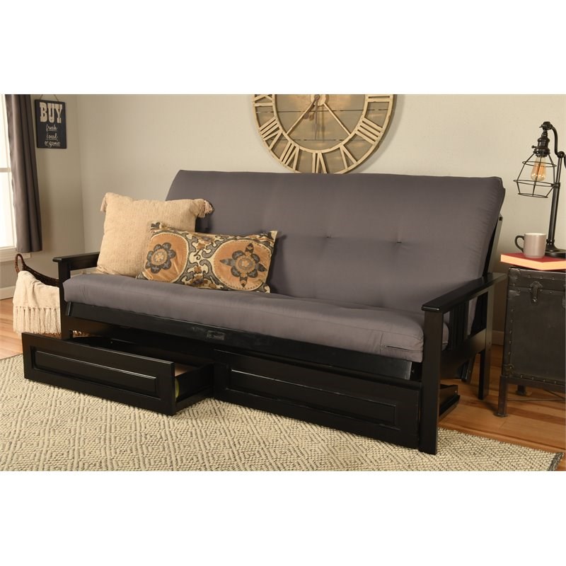 Kodiak Furniture Monterey Black Storage Wood Futon with Twill Gray Mattress