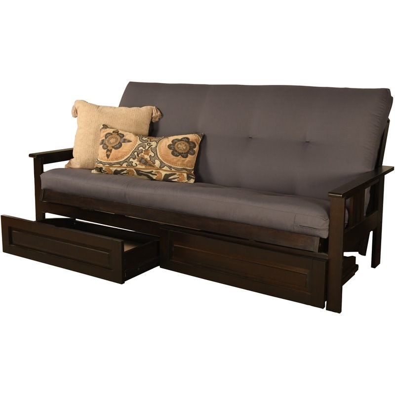Kodiak Furniture Monterey Espresso Storage Wood Futon with Twill Gray Mattress