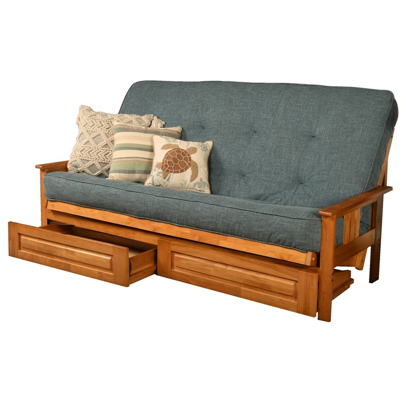 Kodiak Furniture Monterey Queen Butternut Wood Storage Futon-Aqua Blue Mattress