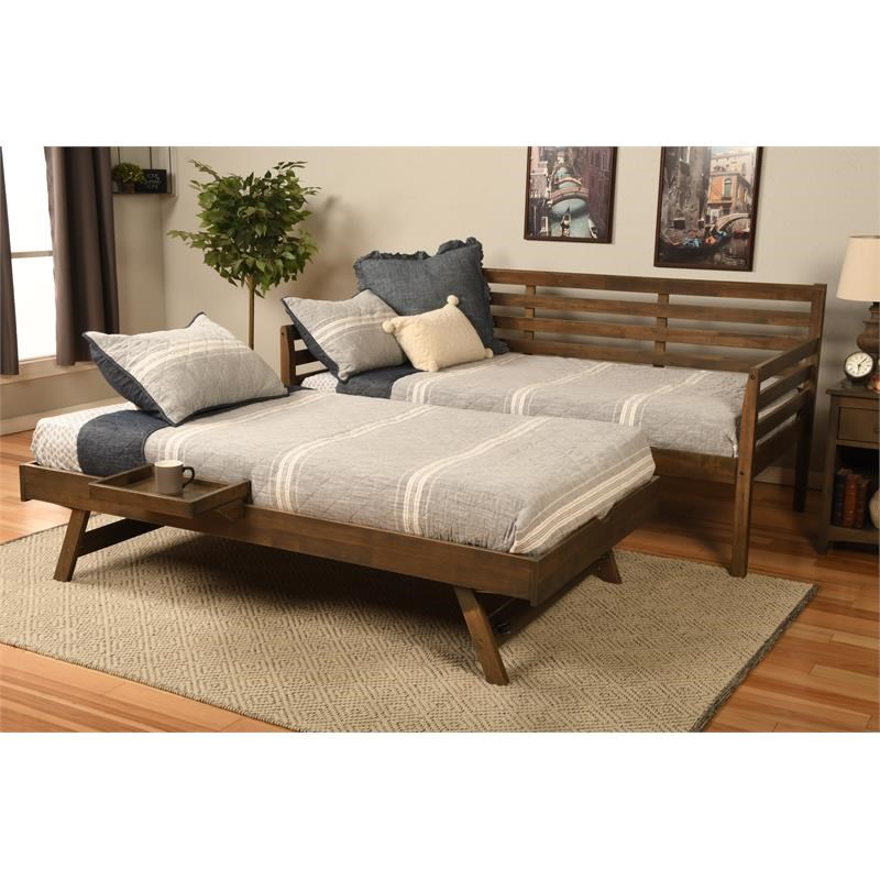 Kodiak Furniture Boho Wood Daybed/Pop Up Bed In Walnut Brown W/ Linen ...