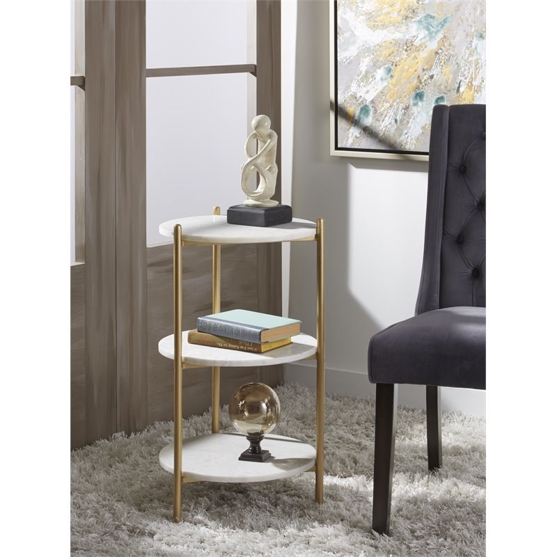 Coast To Coast Imports White Marble & Gold Powder Coat 3-Tier Round Accent Table