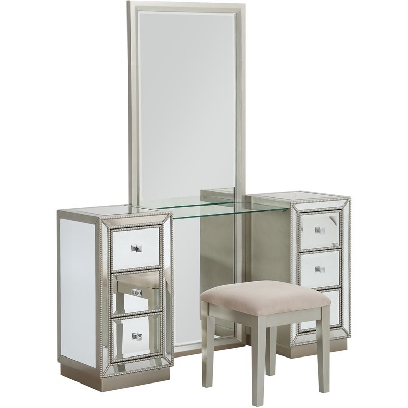 Coast To Coast Imports Elsinore Champagne Six Drawer Console with Mirror & Stool