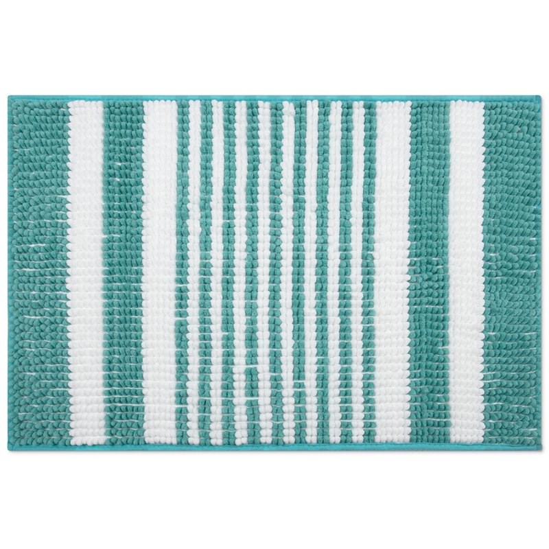 Safdie & Co. Chenille Microfiber Fabric Bath Mat Knitted Striped Aqua/White