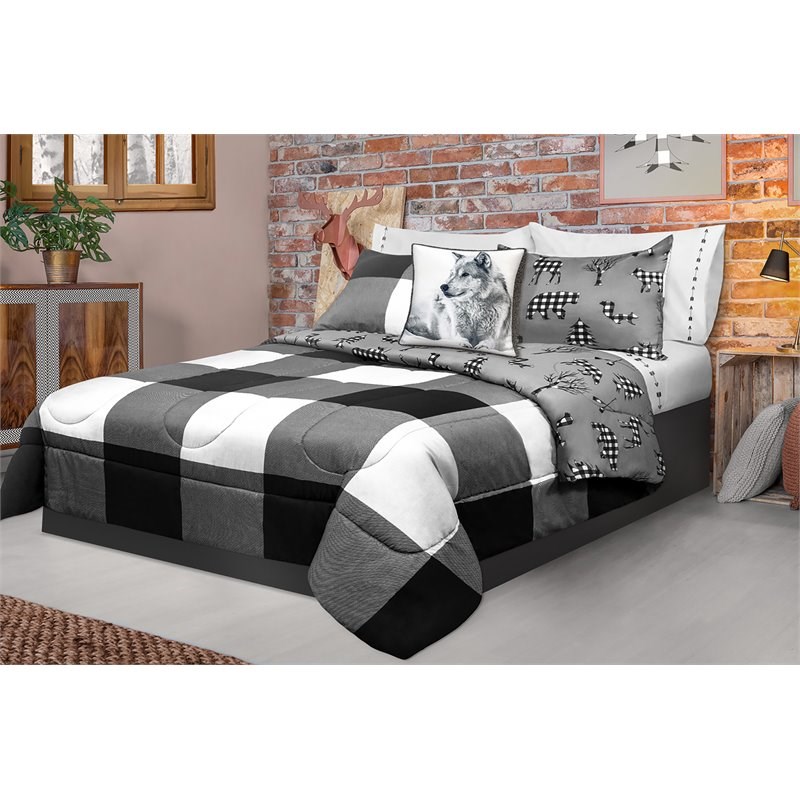 Safdie & Co. 3-piece Polyester Buffalo Plaid Double Queen Comforter Set in White