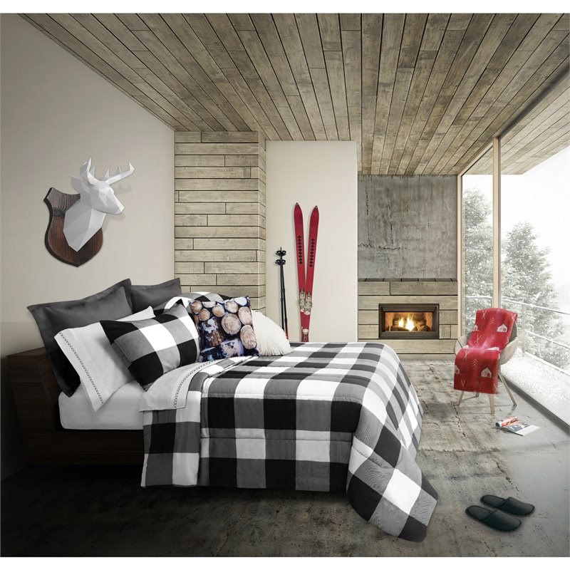 Safdie & Co. 3-piece Polyester Buffalo Plaid King Comforter Set in Gray/Black