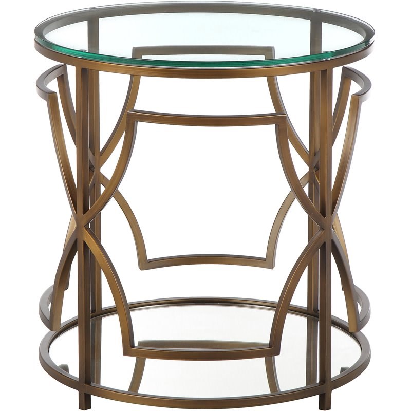 Pangea Home Edward Metal Round Side Table With Glass In Brushed Brass Z St Edward Metal Round Side Table, Elation Round End Table