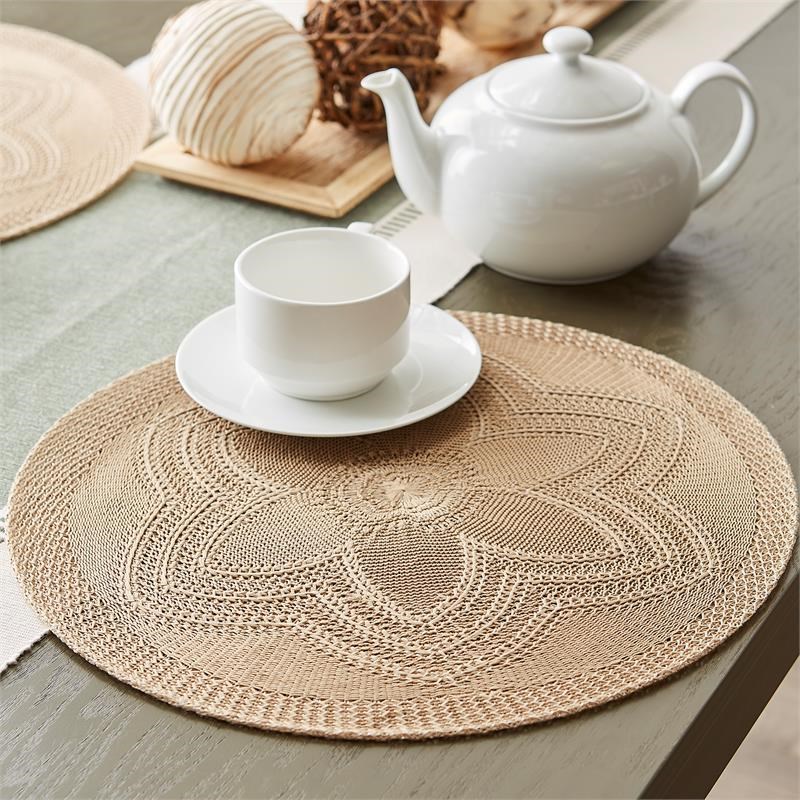 DII Round Modern Plastic Floral Woven Placemat in Stone (Set of 6)