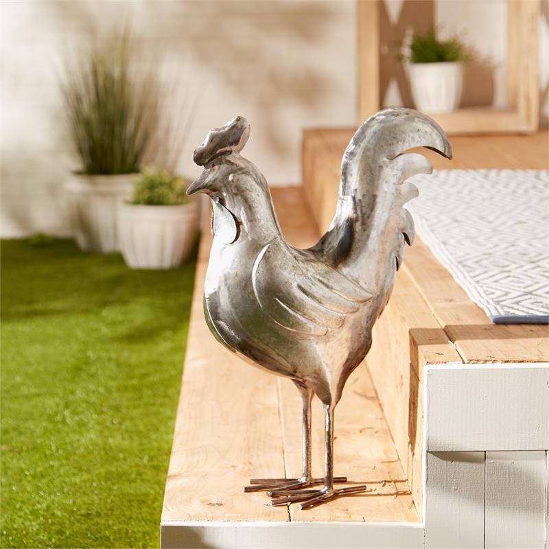 Brown Galvanized Iron Rooster Sculpture in Silver/Gray