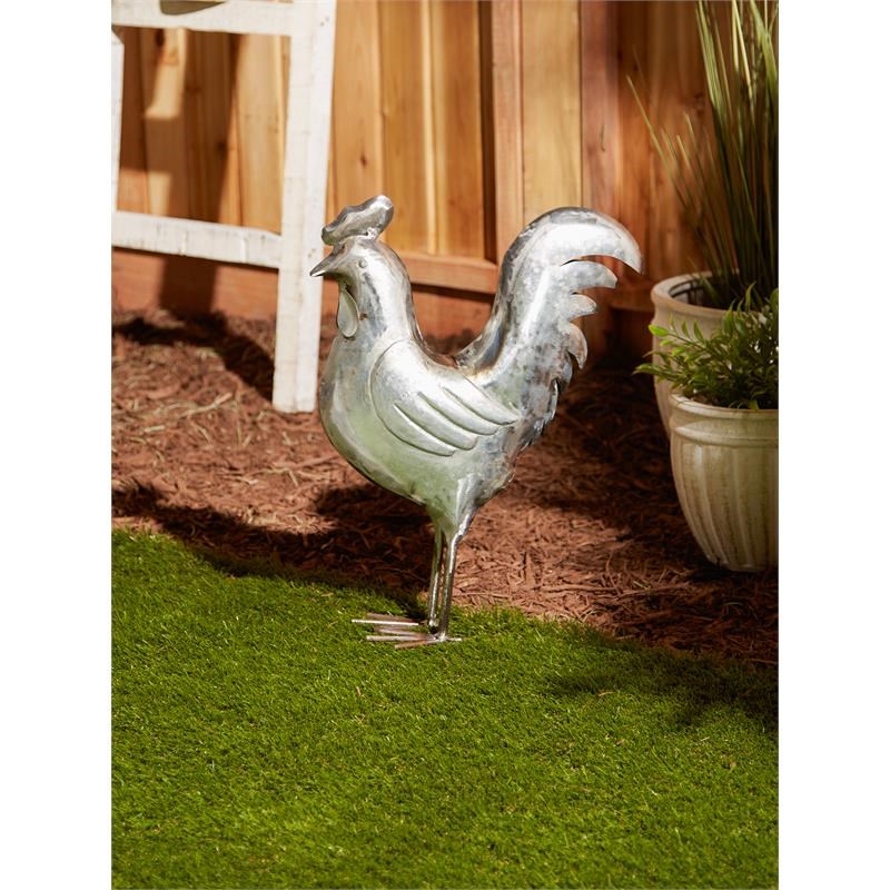 Brown Galvanized Iron Rooster Sculpture in Silver/Gray