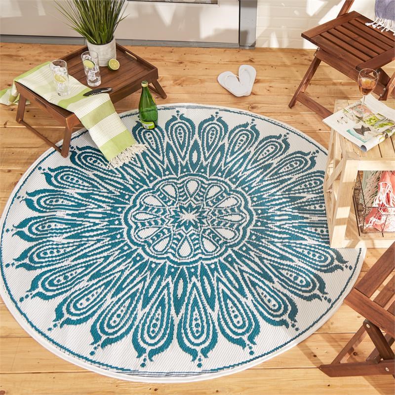 DII Blue Sunflower Outdoor Fabric  Rug 5 Ft Round