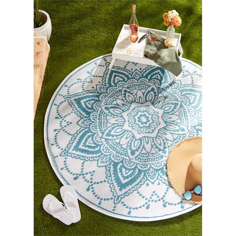 DII Storm Blue Boho Floral Outdoor Fabric  Rug 5 Ft Round