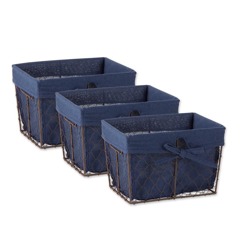 Small Rustic Bronze Chicken Wire  Blue Cotton Liner Basket (Set of 3) 9x7x6