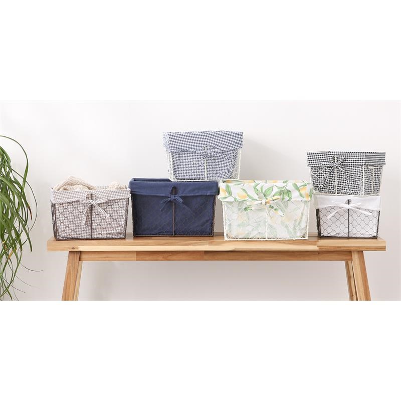 Small Gray Wire French Blue Cotton Liner Basket (Set of 3) 9x7x6
