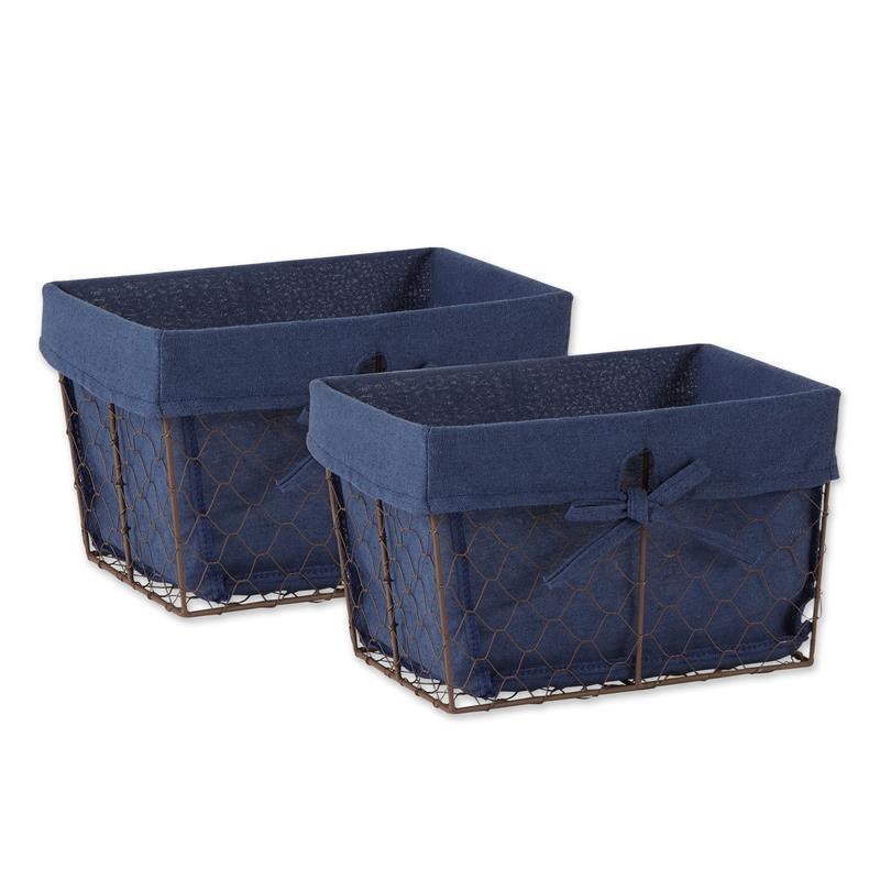 Medium Bronze Chicken Wire French Blue Cotton Liner Basket (Set of 2) 11x7.88x7